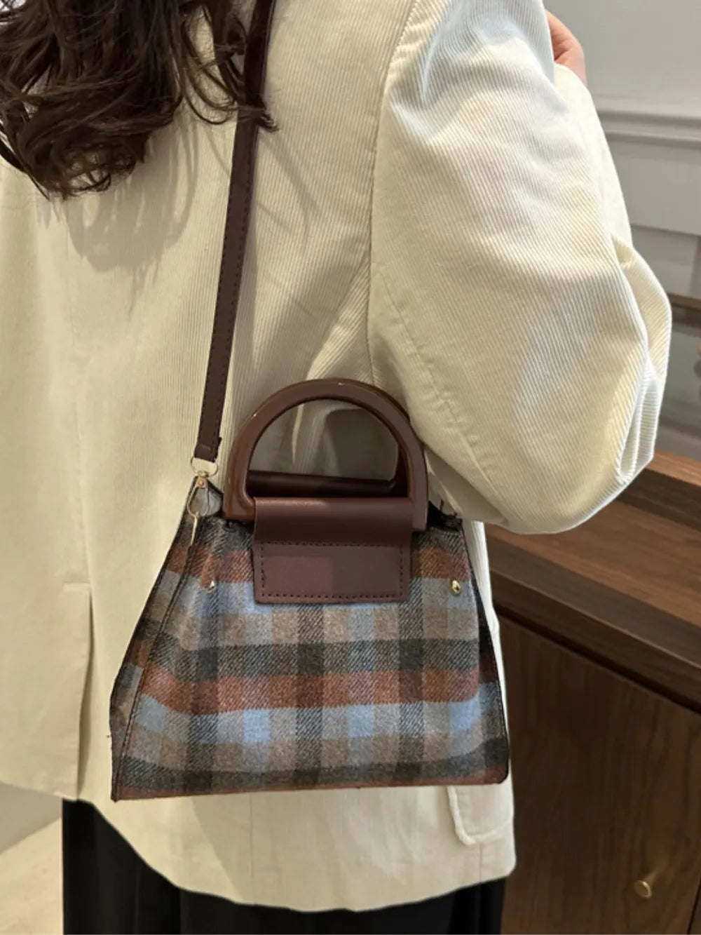 Plaid-Detail Trapeze Crossbody Bag