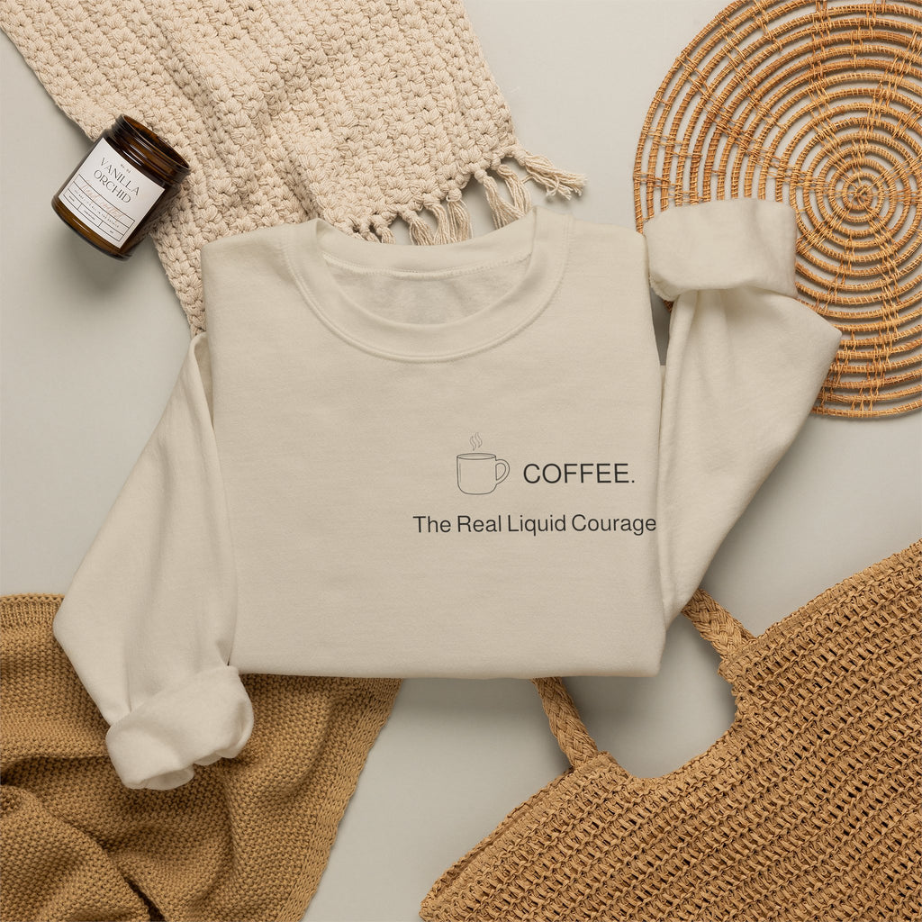 Coffee Crewneck Sweatshirt — “Coffee: The Real Liquid Courage” Minimal Sweatshirt