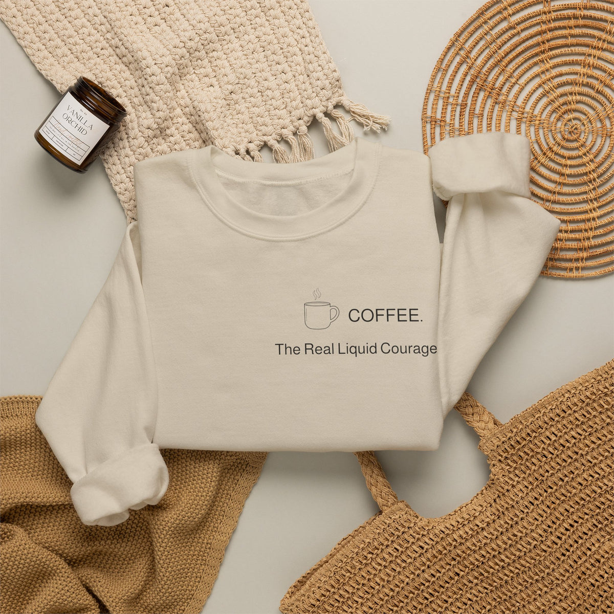 Coffee Crewneck Sweatshirt — “Coffee: The Real Liquid Courage” Minimal Sweatshirt