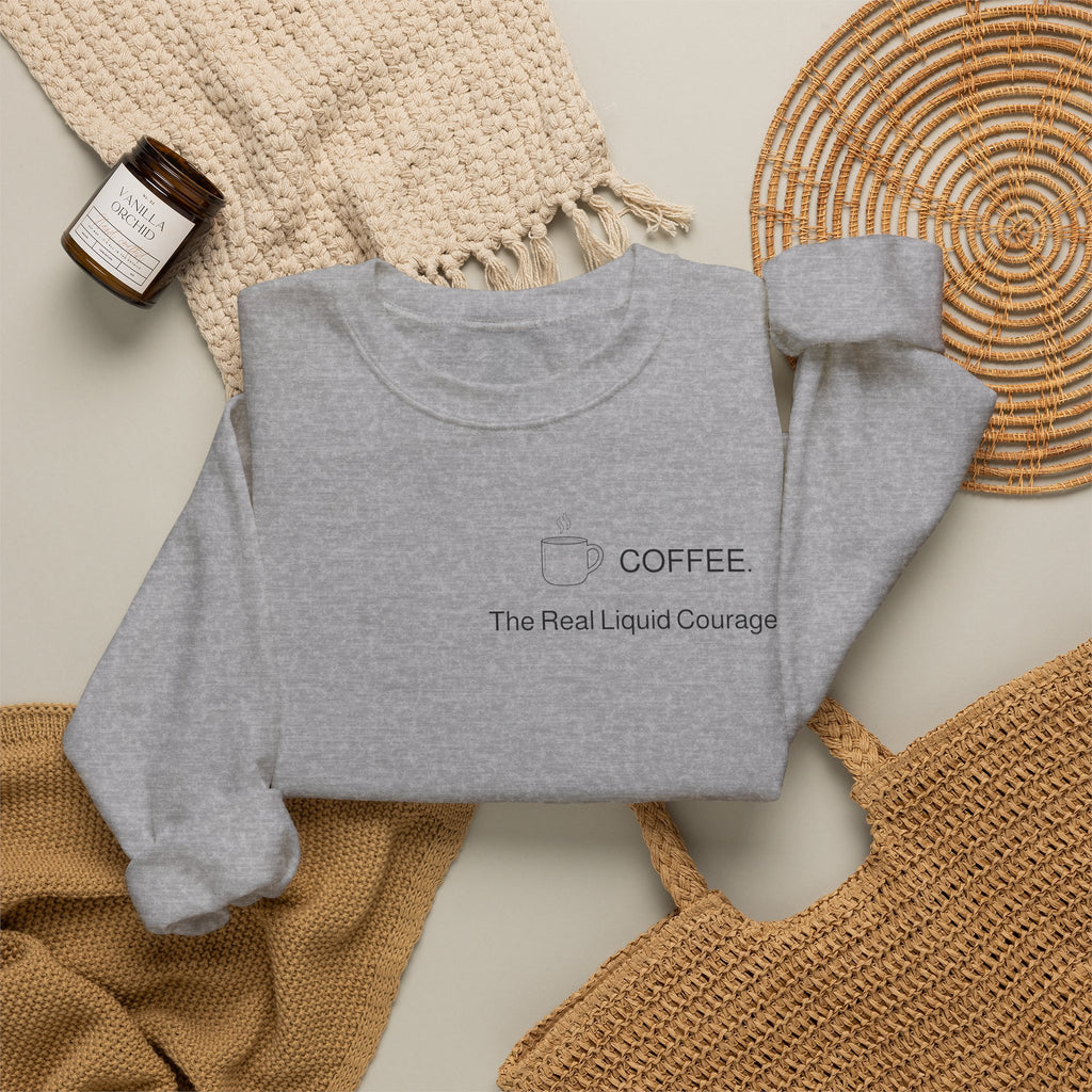 Coffee Crewneck Sweatshirt — “Coffee: The Real Liquid Courage” Minimal Sweatshirt