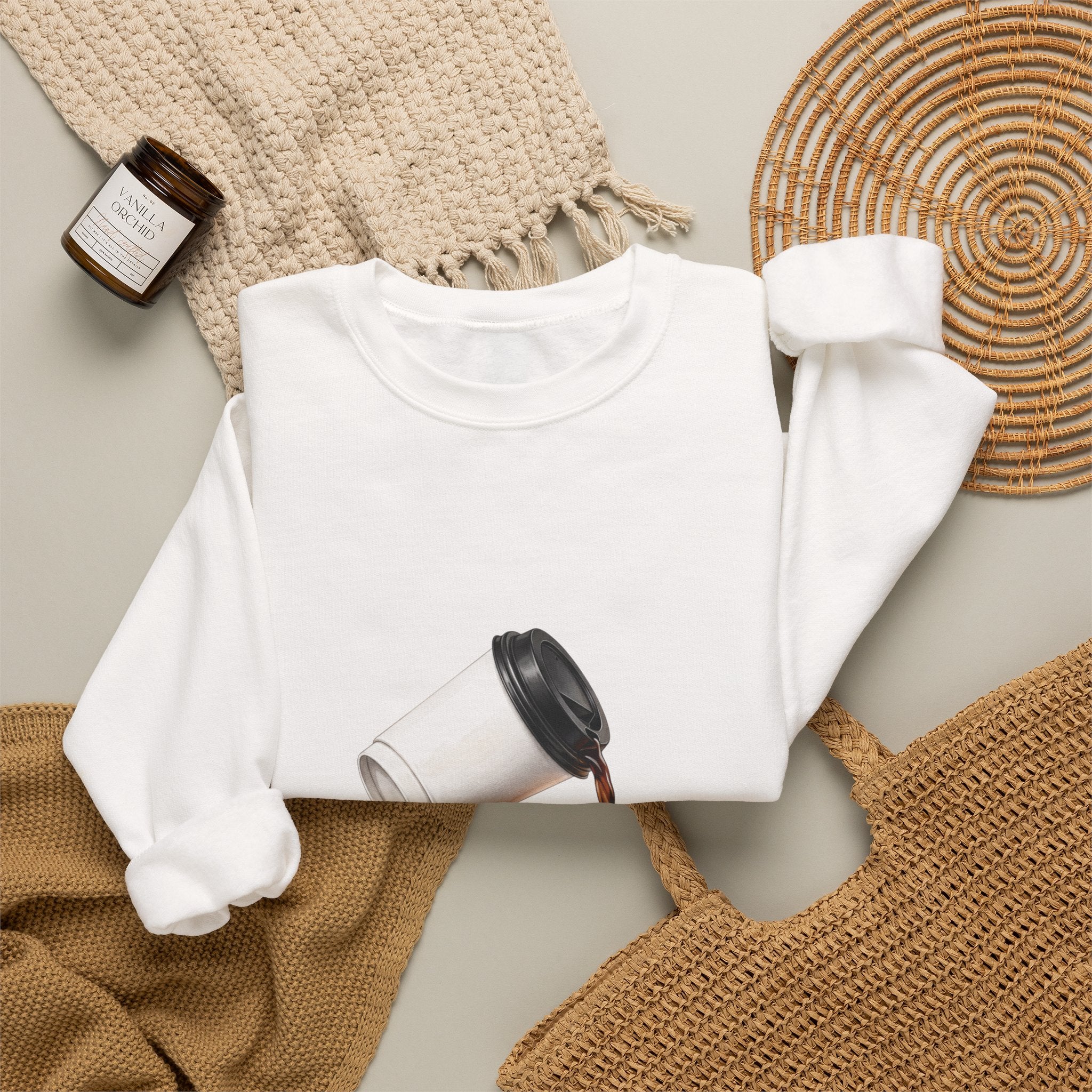 Crewneck Sweatshirt — "My Focus, Spilled." Coffee Spill Graphic