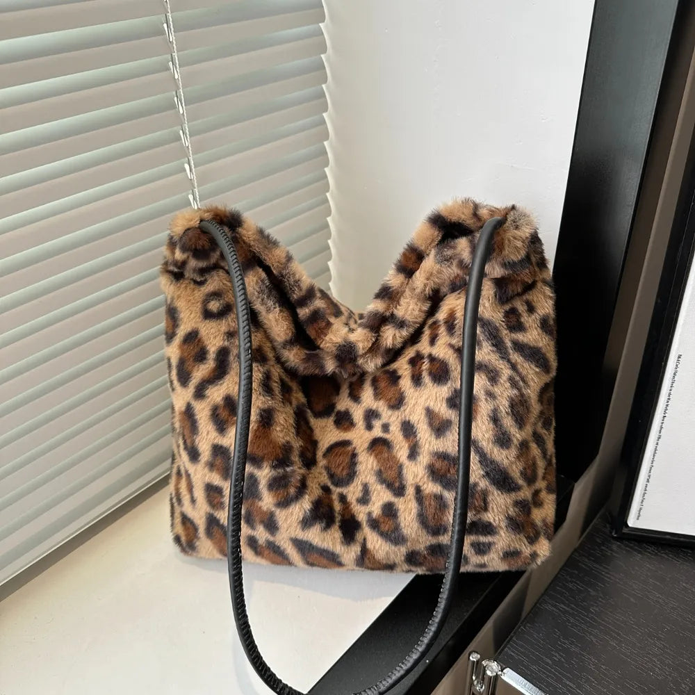 Leopard Print Plush Shoulder Bag
