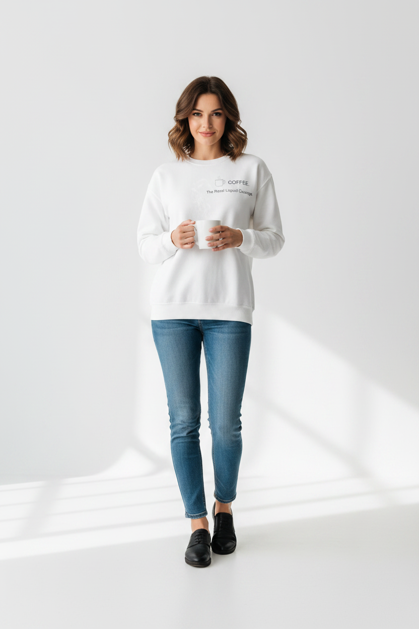 Coffee Crewneck Sweatshirt — “Coffee: The Real Liquid Courage” Minimal Sweatshirt