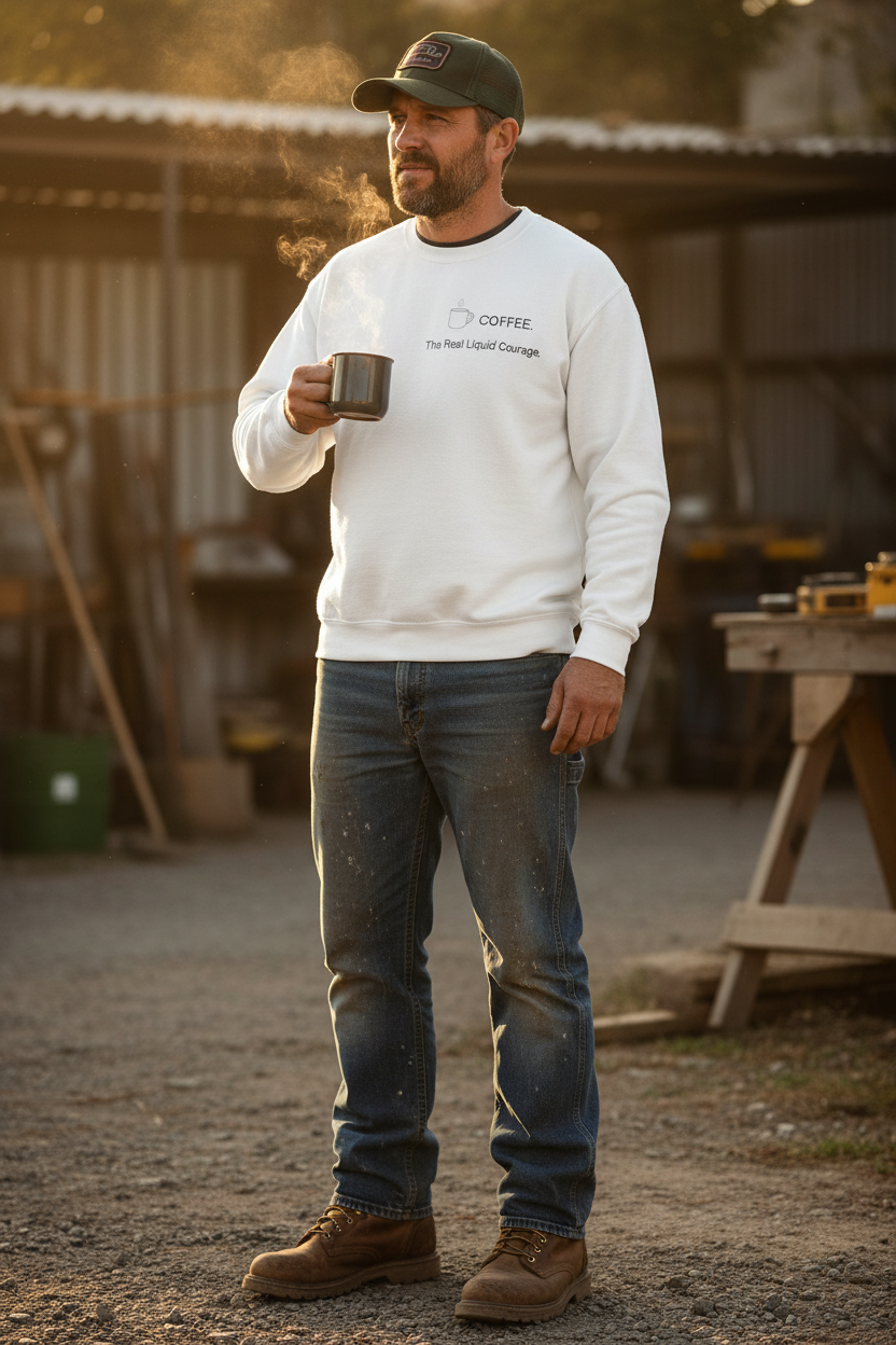 Coffee Crewneck Sweatshirt — “Coffee: The Real Liquid Courage” Minimal Sweatshirt