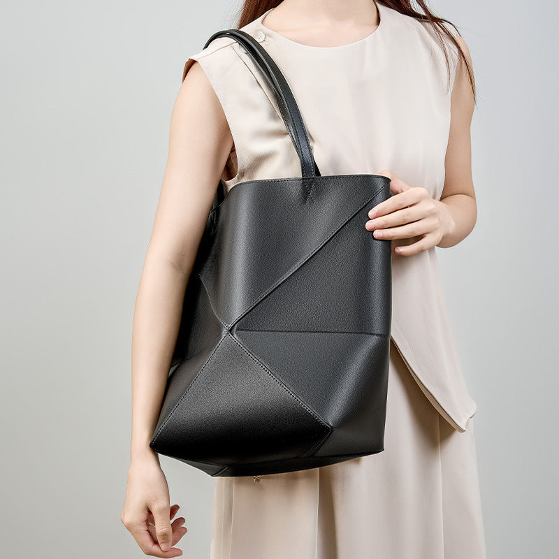 Genuine Leather Geometric Bucket Bag