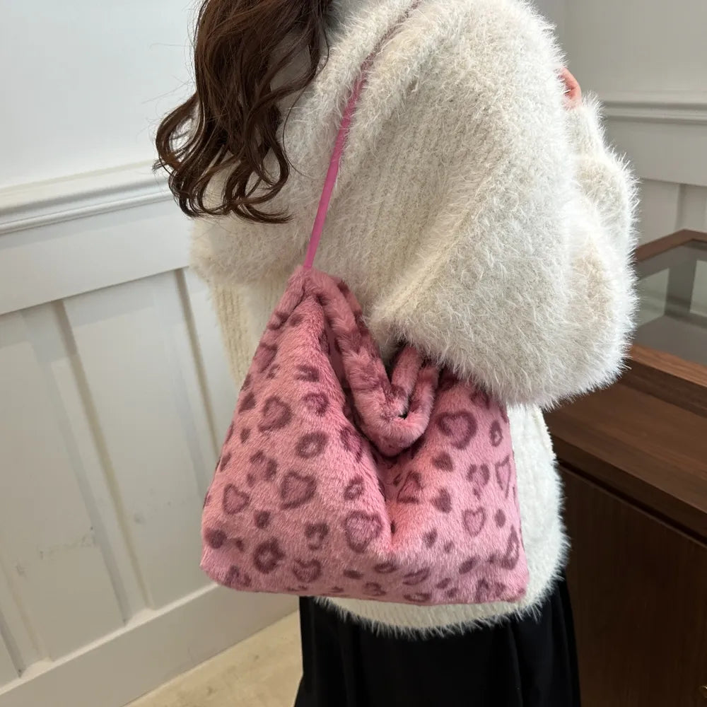 Leopard Print Plush Shoulder Bag
