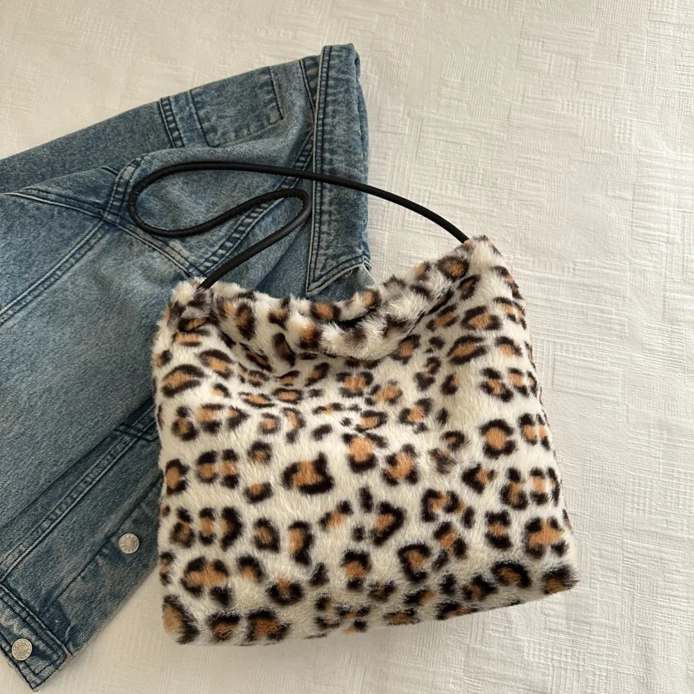 Leopard Print Plush Shoulder Bag
