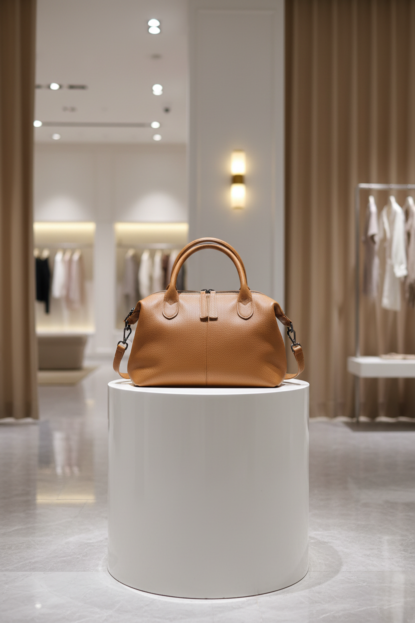 Women's Luxury Pebbled Genuine Leather Boston Bag — Dual Handles, Crossbody Strap