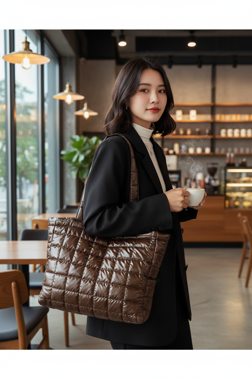 Quilted Shoulder Bag — Large Bucket Bag in Black, Brown & Silver