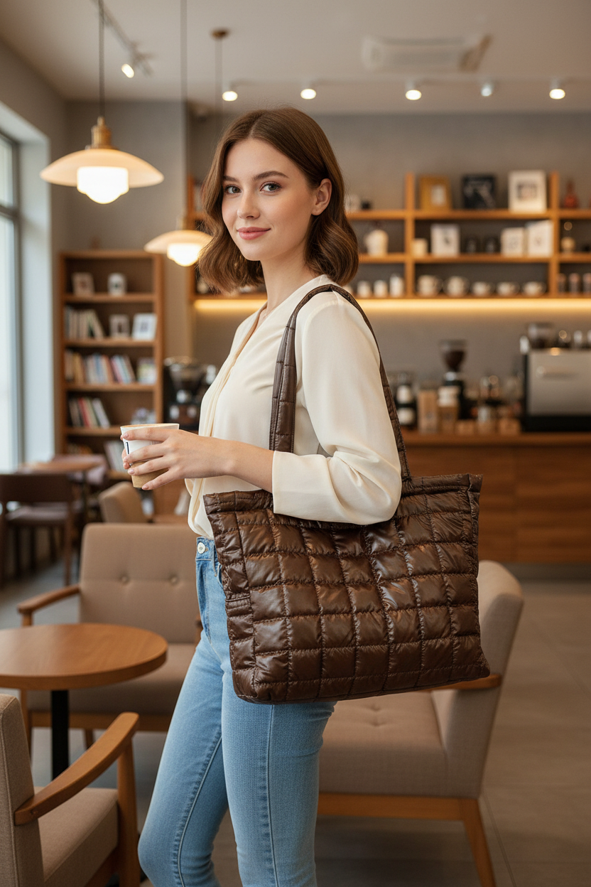 Quilted Shoulder Bag — Large Bucket Bag in Black, Brown & Silver