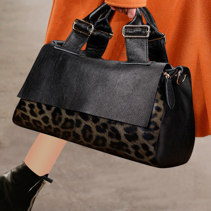 The Dom - Top-Grain Genuine Leather Leopard-Print Boston Bag