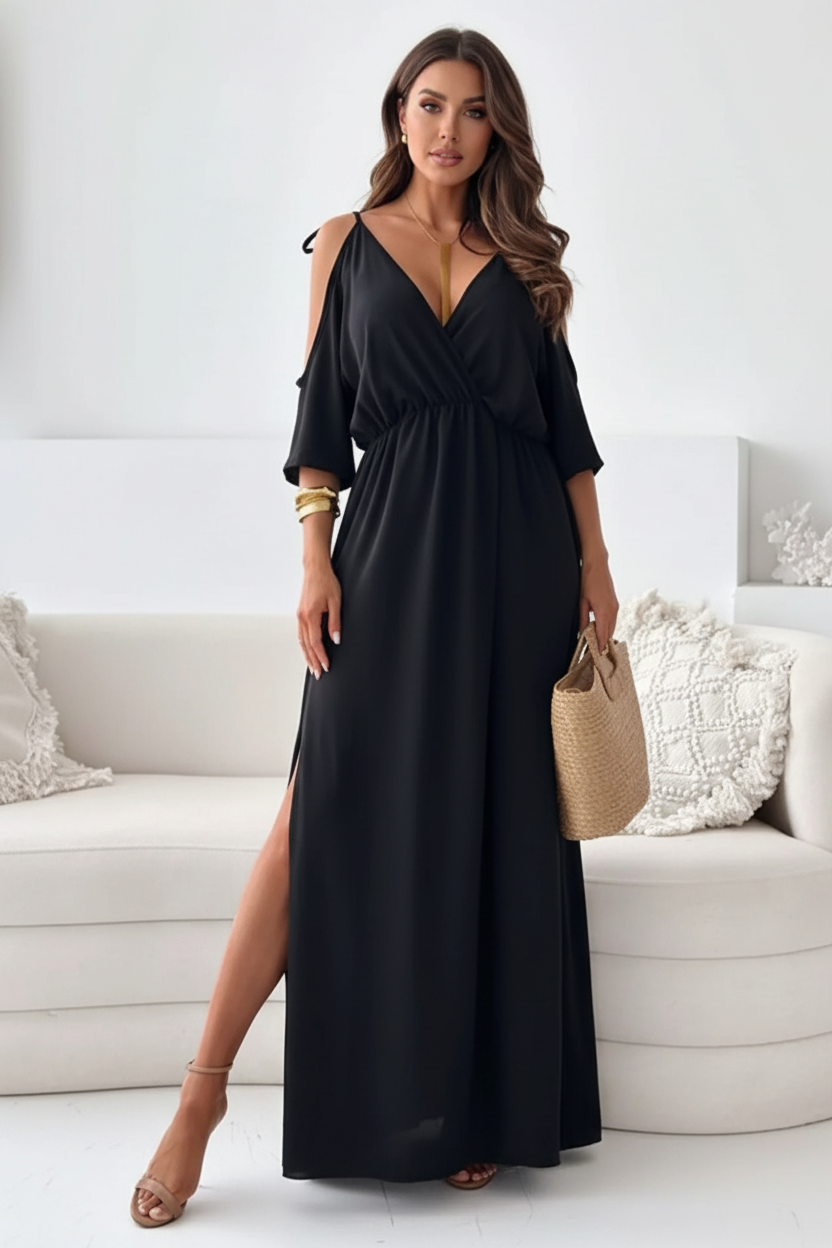 Slit Cold Shoulder Maxi Dress