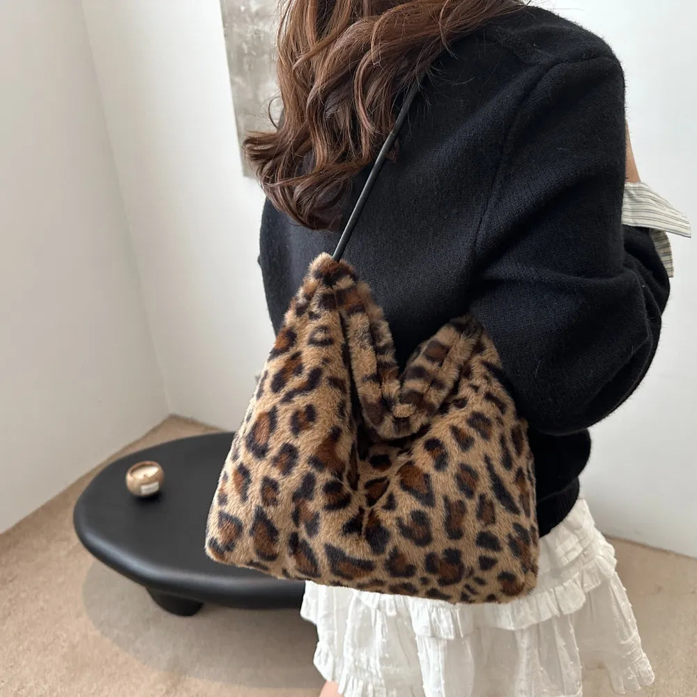 Leopard Print Plush Shoulder Bag