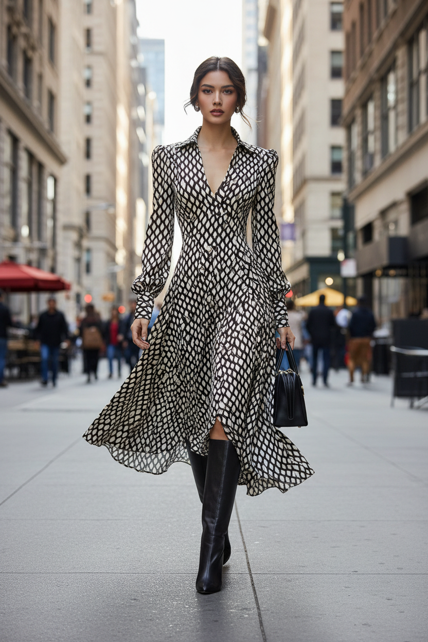 Printed Long Sleeve Midi Dress