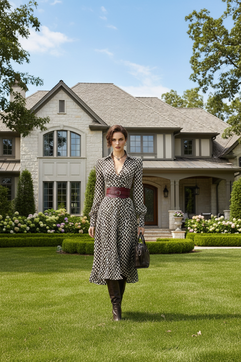 Printed Long Sleeve Midi Dress