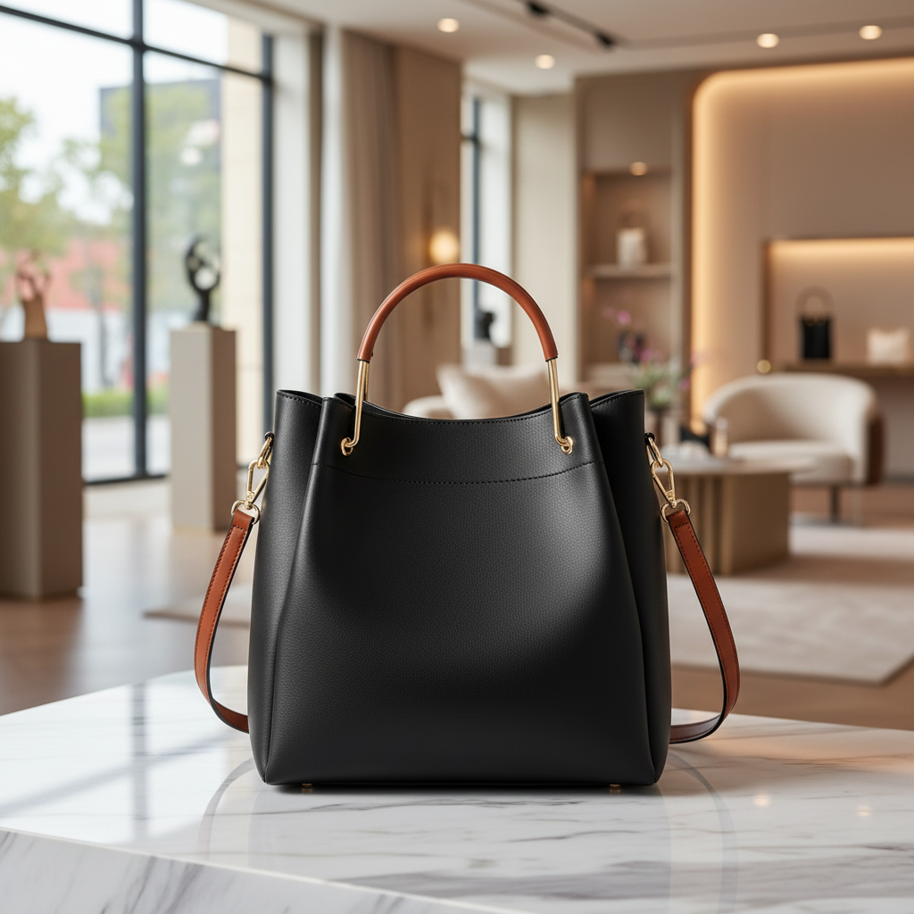 Women's Luxury Bucket Bag — Contrast Handle, Crossbody Strap
