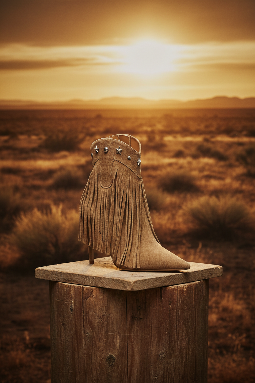 Women's Fringe & Star Stud Stiletto Ankle Boots — Western-Inspired Suede