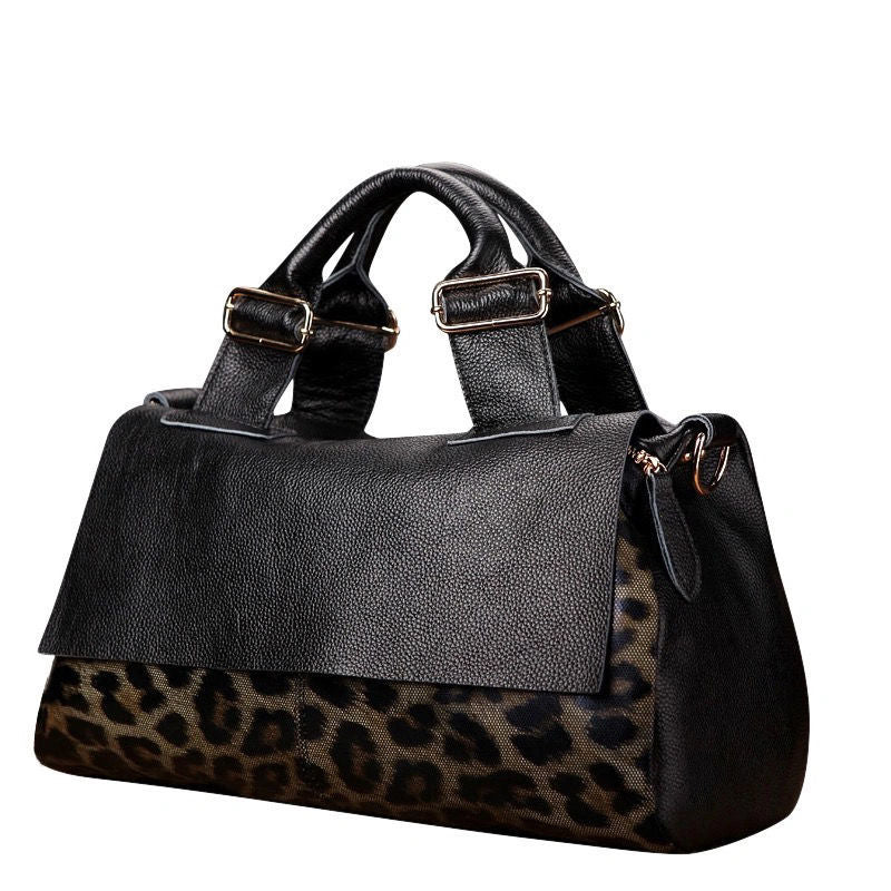 The Dom - Top-Grain Genuine Leather Leopard-Print Boston Bag