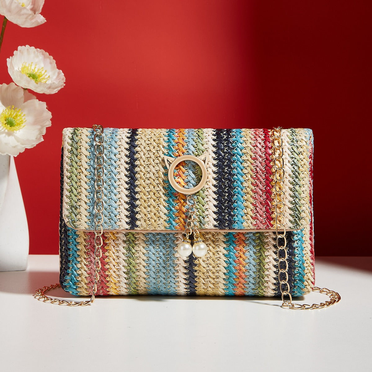 Straw Mini Shoulder Bag with Magnetic Closure
