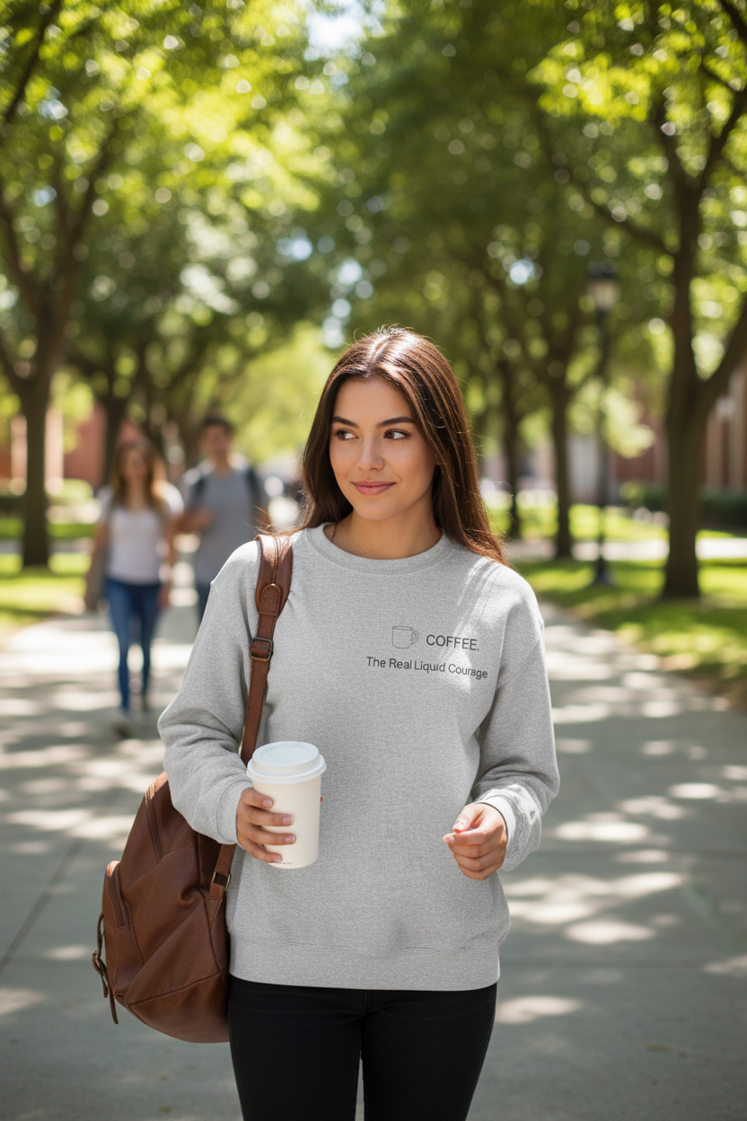 Coffee Crewneck Sweatshirt — “Coffee: The Real Liquid Courage” Minimal Sweatshirt