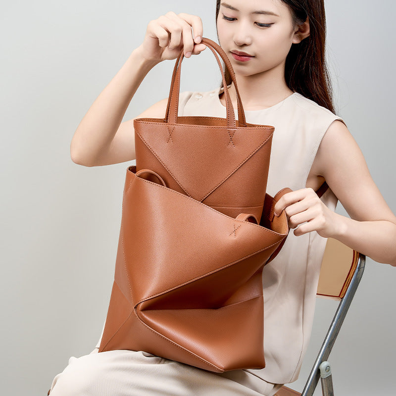Genuine Leather Geometric Bucket Bag