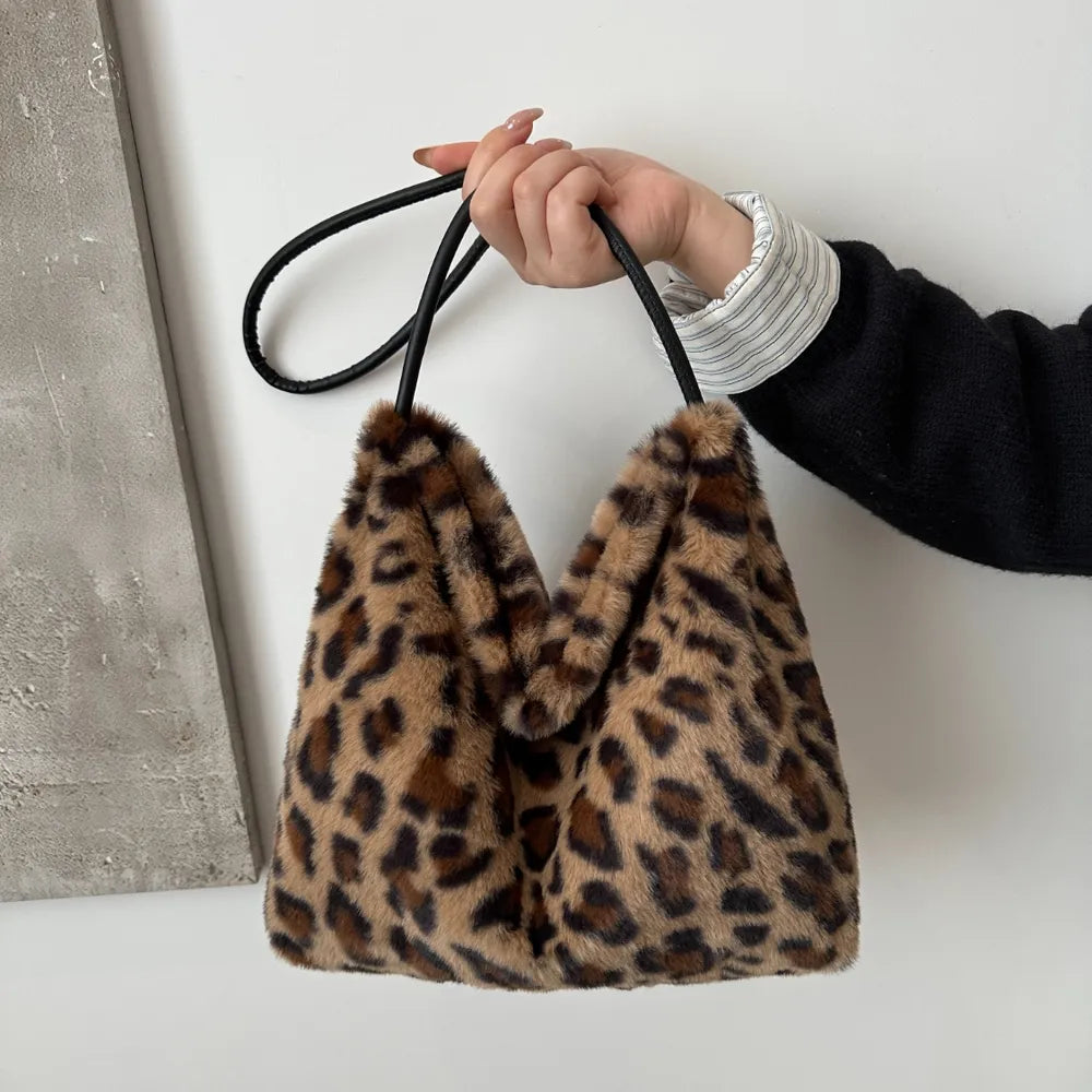 Leopard Print Plush Shoulder Bag