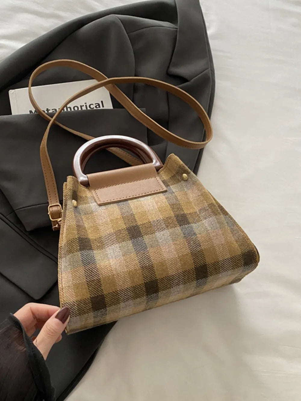 Plaid-Detail Trapeze Crossbody Bag