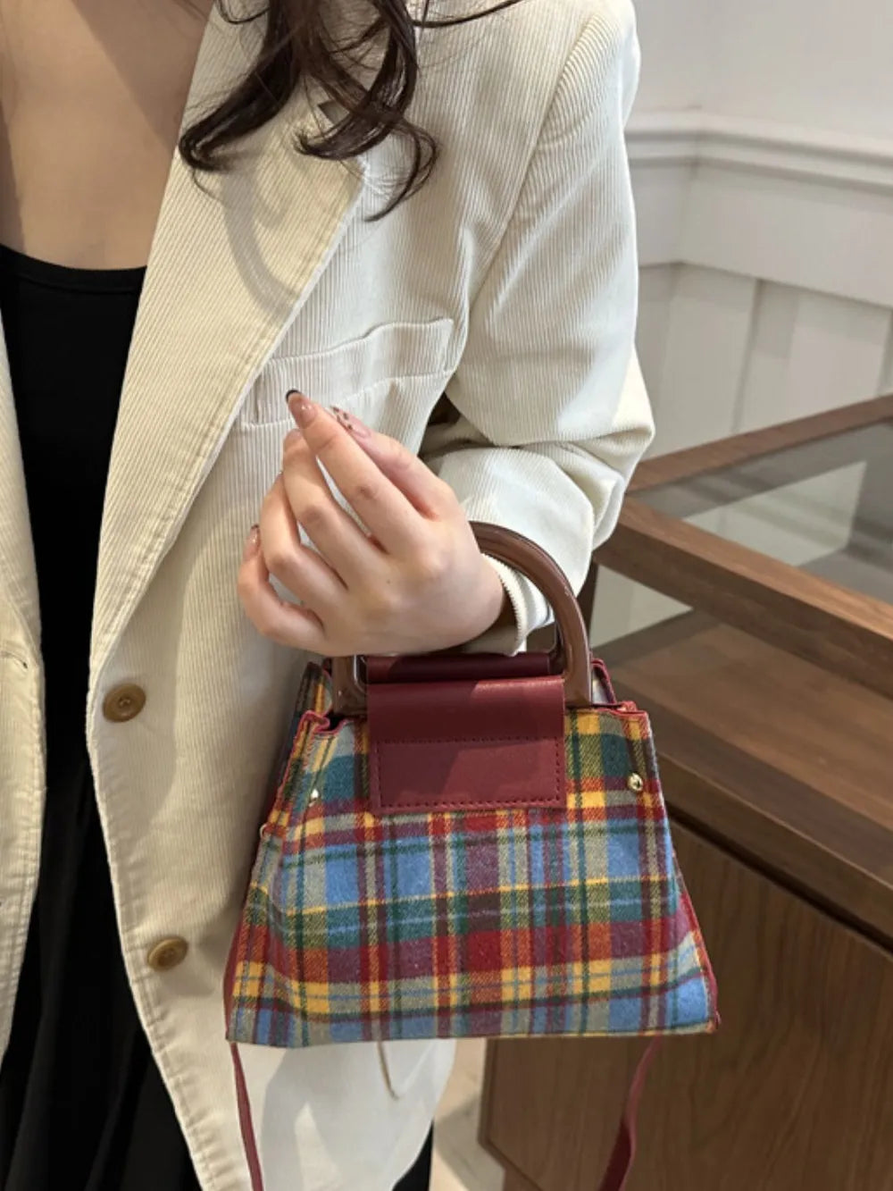 Plaid-Detail Trapeze Crossbody Bag