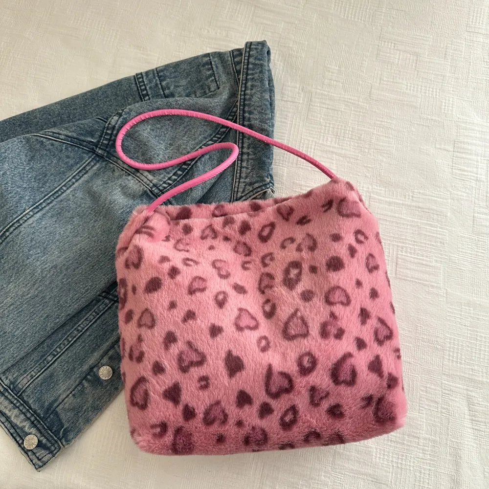 Leopard Print Plush Shoulder Bag