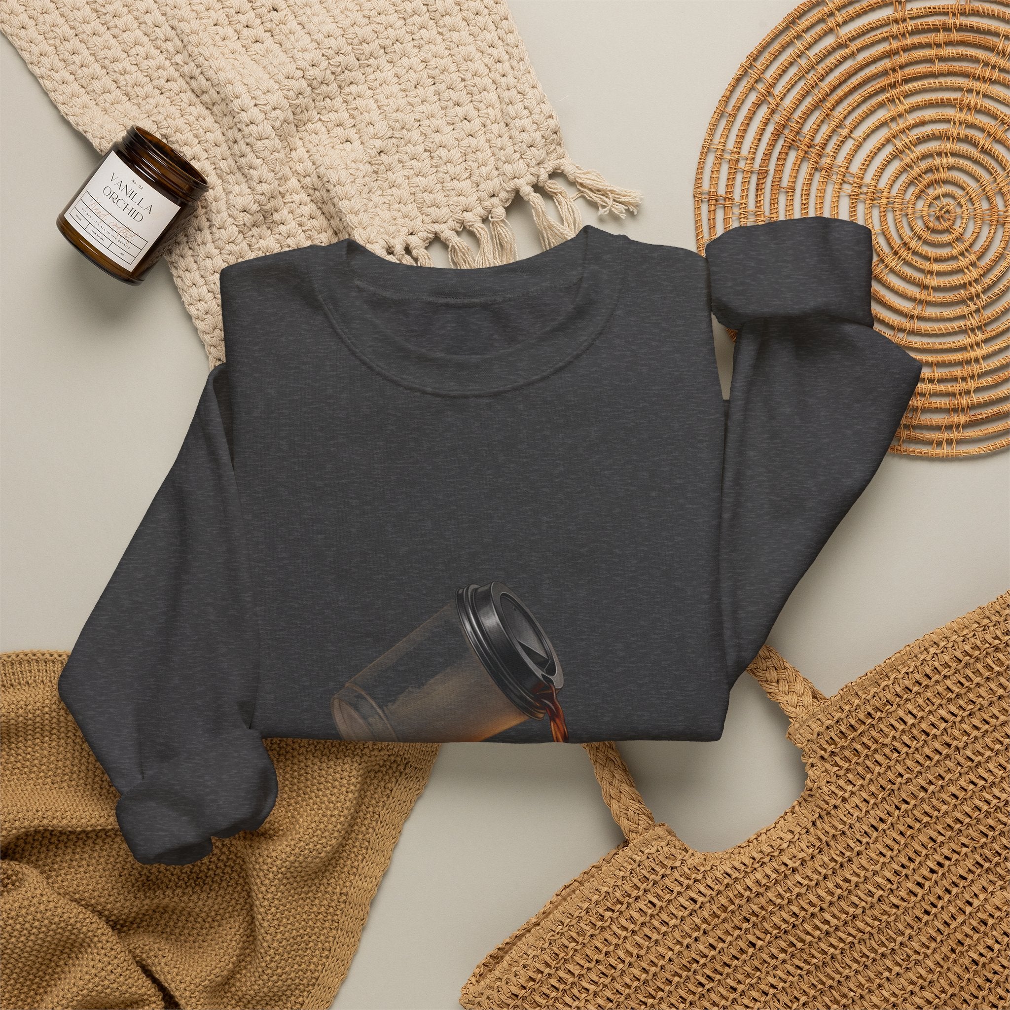 Crewneck Sweatshirt — "My Focus, Spilled." Coffee Spill Graphic