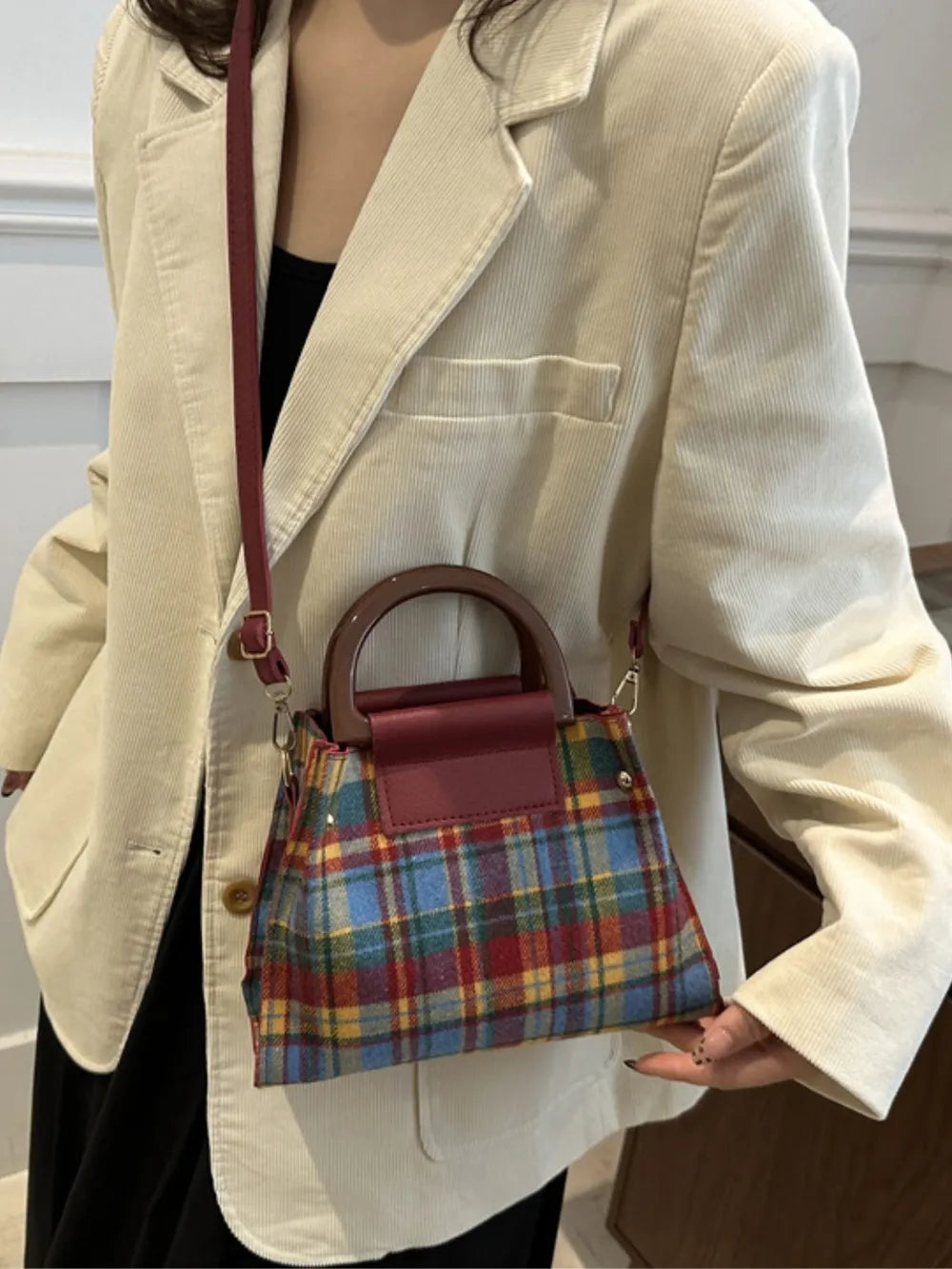 Plaid-Detail Trapeze Crossbody Bag
