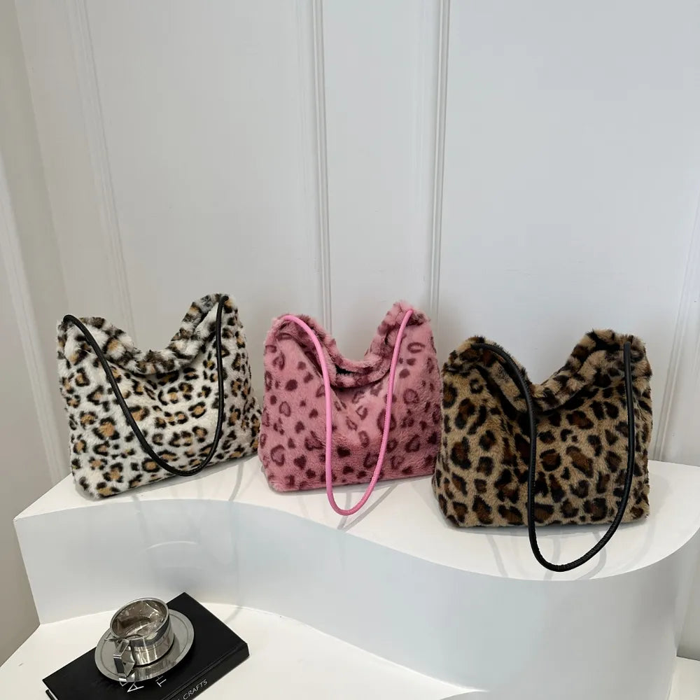 Leopard Print Plush Shoulder Bag
