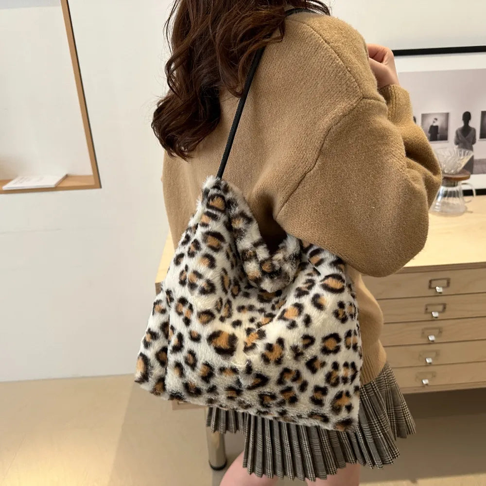 Leopard Print Plush Shoulder Bag
