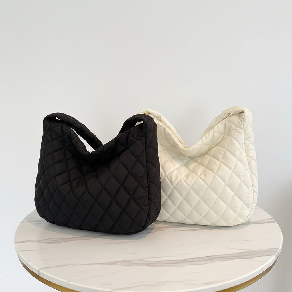 Quilted Structured Nylon Tote Bag