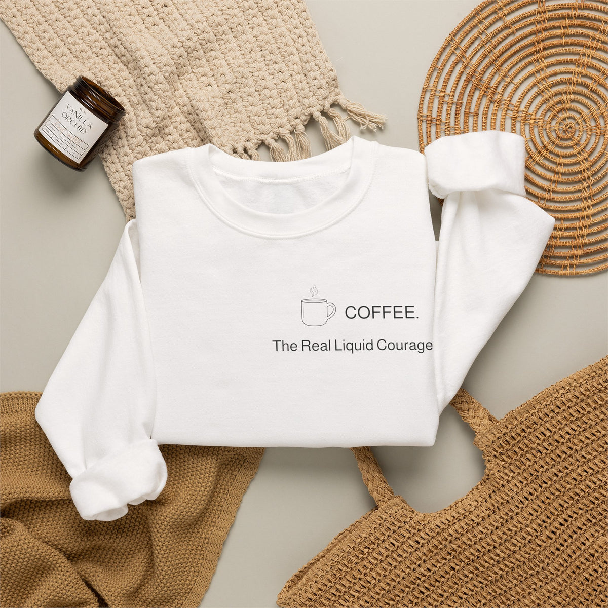 Coffee Crewneck Sweatshirt — “Coffee: The Real Liquid Courage” Minimal Sweatshirt