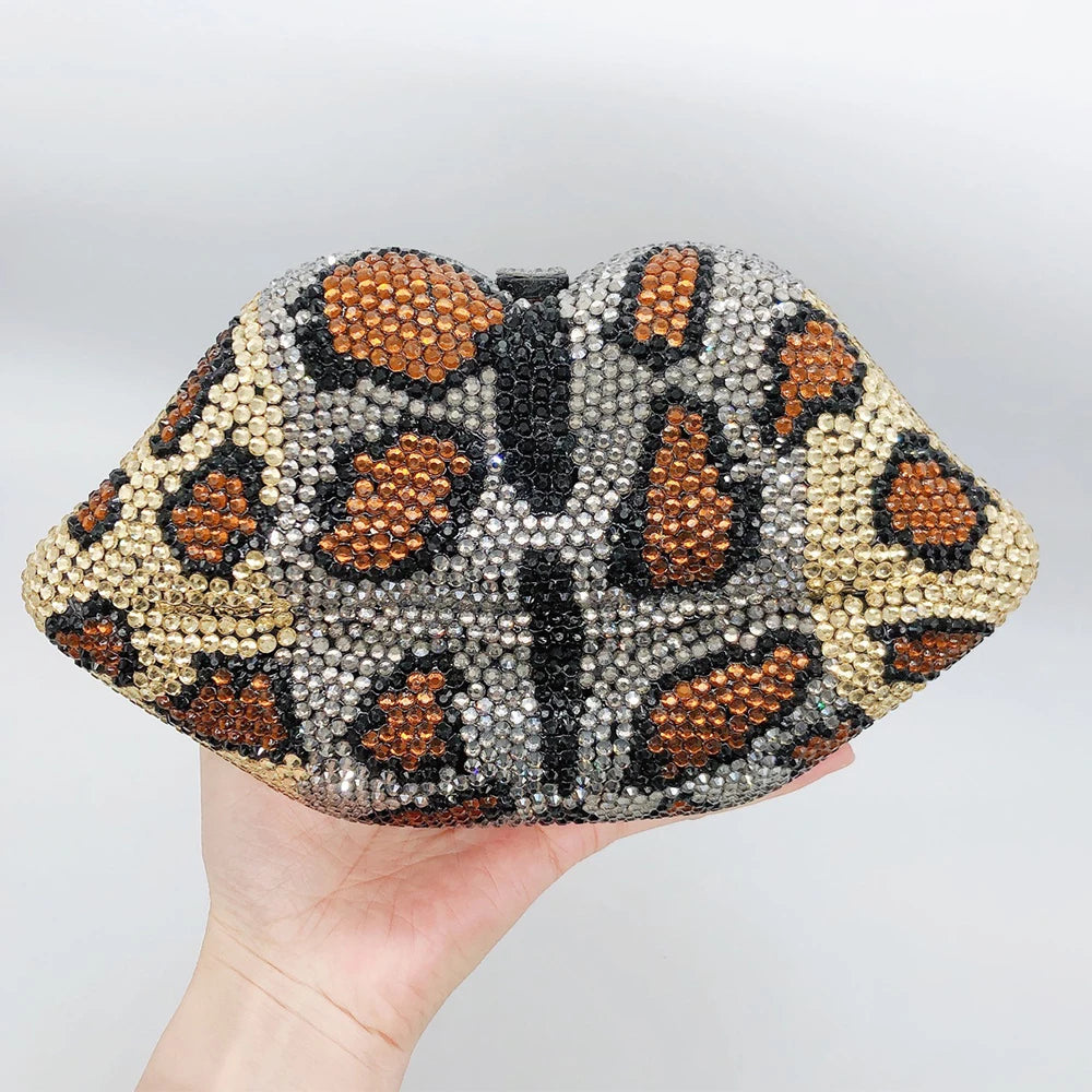 The Kiss - Leopard Print Rhinestone Evening Clutch