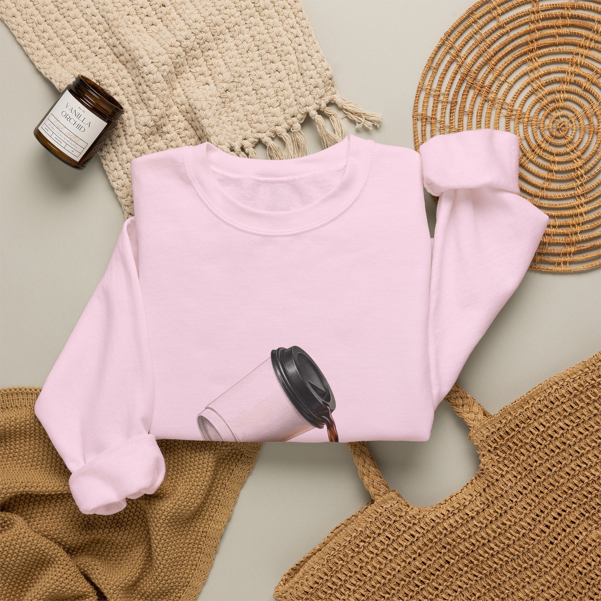 Crewneck Sweatshirt — "My Focus, Spilled." Coffee Spill Graphic