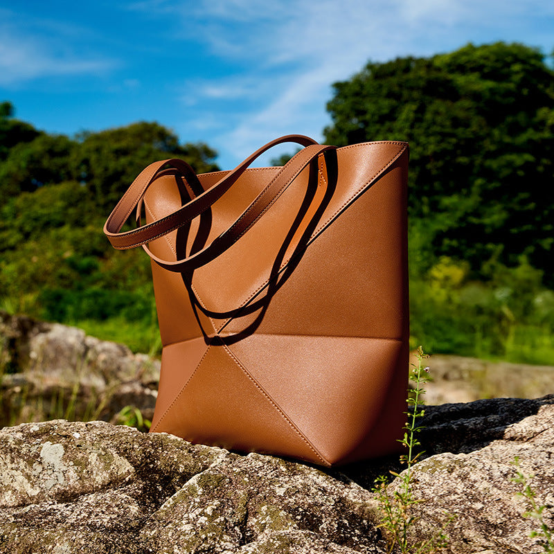 Genuine Leather Geometric Bucket Bag