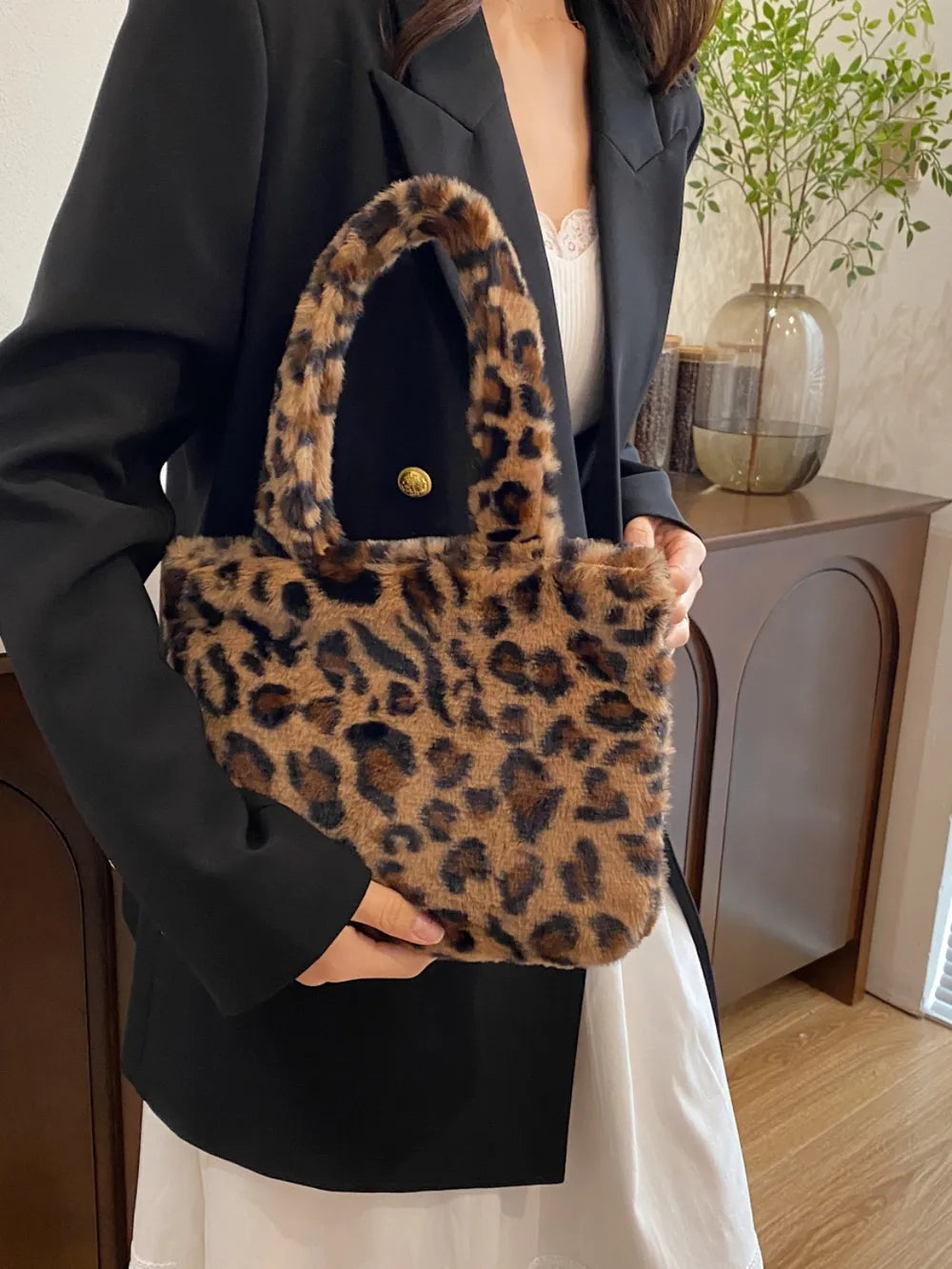 Leopard Print Plush Handbag