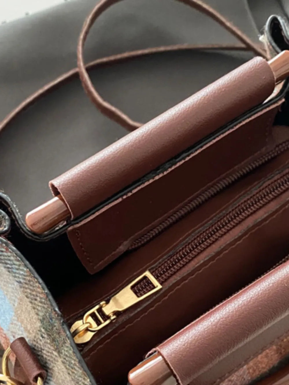 Plaid-Detail Trapeze Crossbody Bag