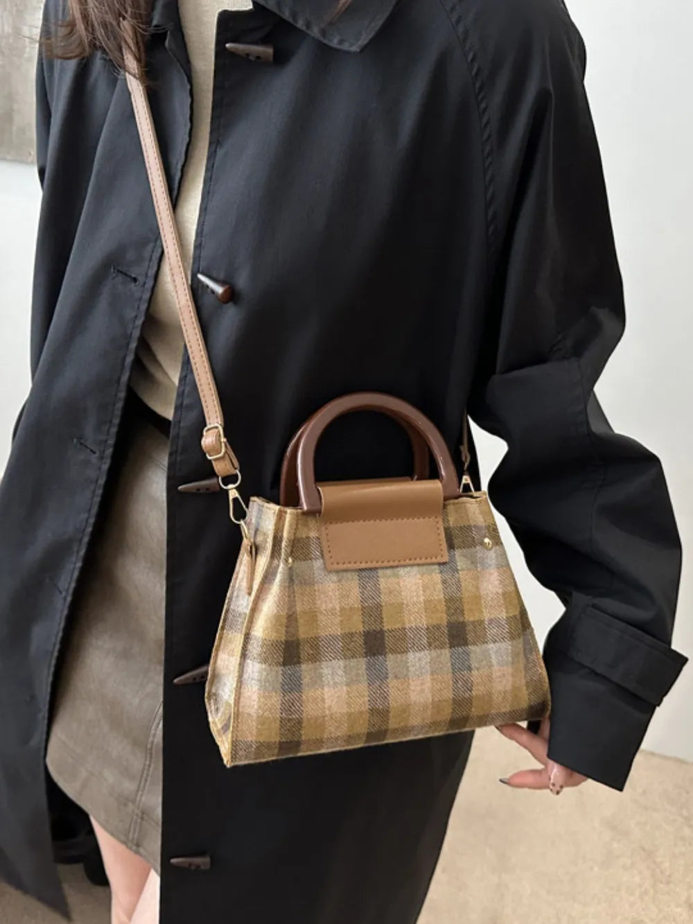 Plaid-Detail Trapeze Crossbody Bag