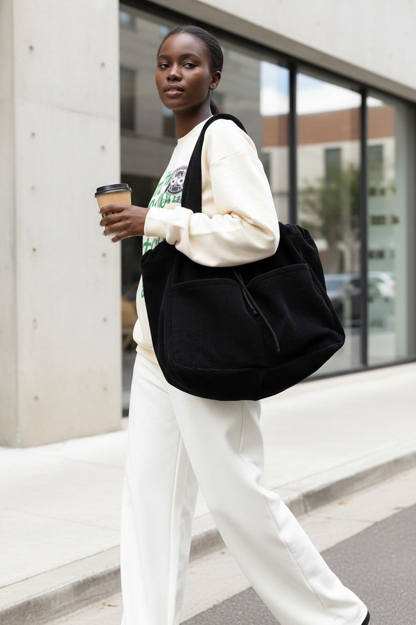 Corduroy Drawstring Shoulder Bag — Multi-Pocket Hobo in 6 Colors