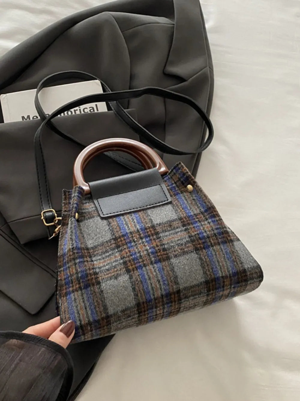 Plaid-Detail Trapeze Crossbody Bag