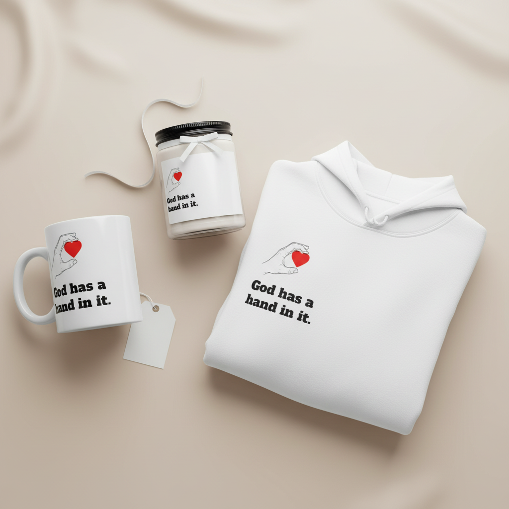 “God has a hand in it" - Faith-Inspired Cozy Gift Set | Hoodie, Candle & Mug
