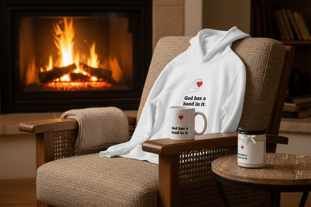 “God has a hand in it" - Faith-Inspired Cozy Gift Set | Hoodie, Candle & Mug