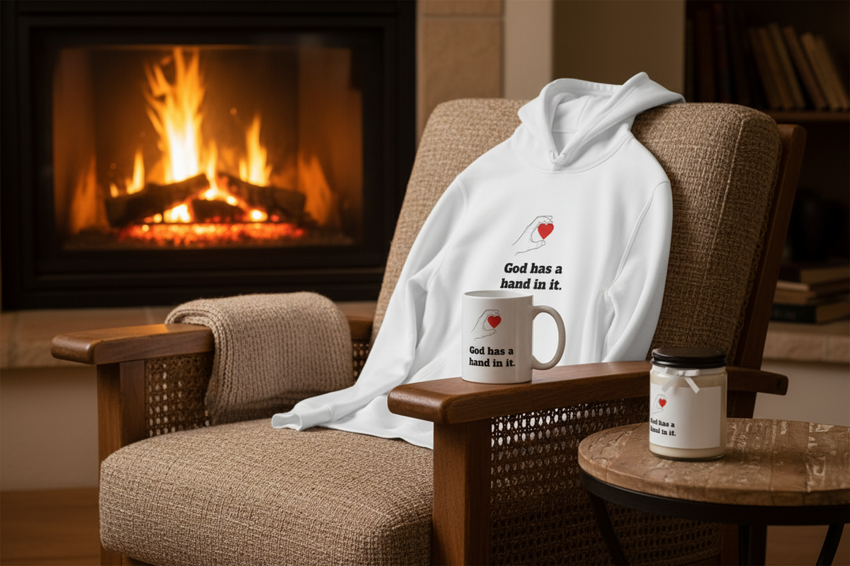 “God has a hand in it" - Faith-Inspired Cozy Gift Set | Hoodie, Candle & Mug