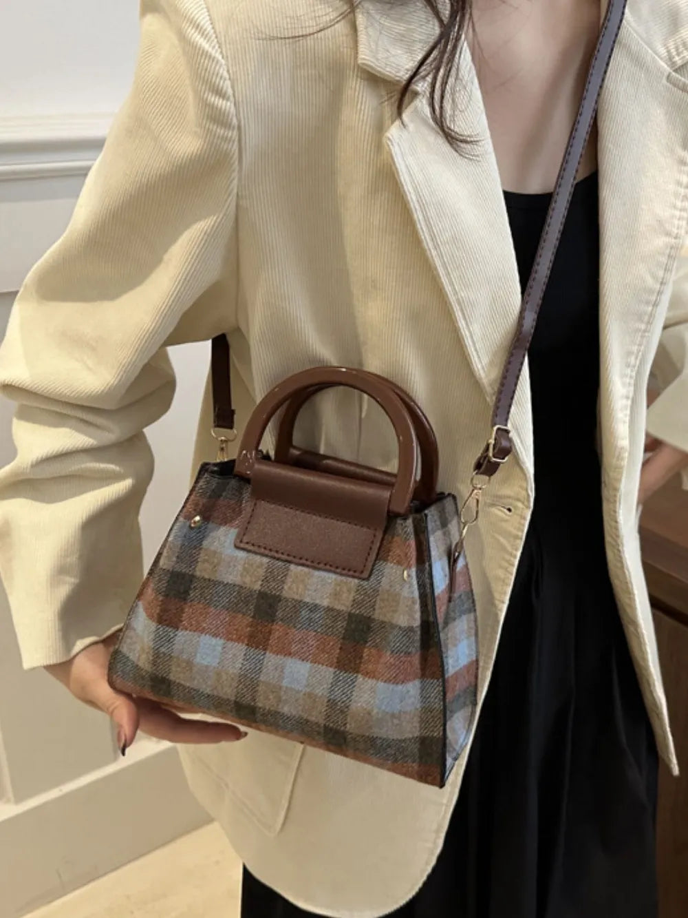 Plaid-Detail Trapeze Crossbody Bag