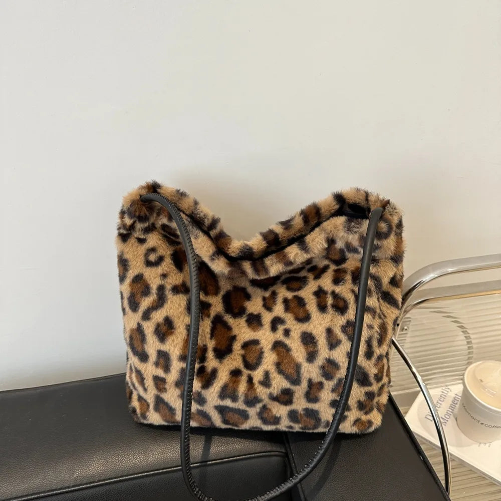 Leopard Print Plush Shoulder Bag
