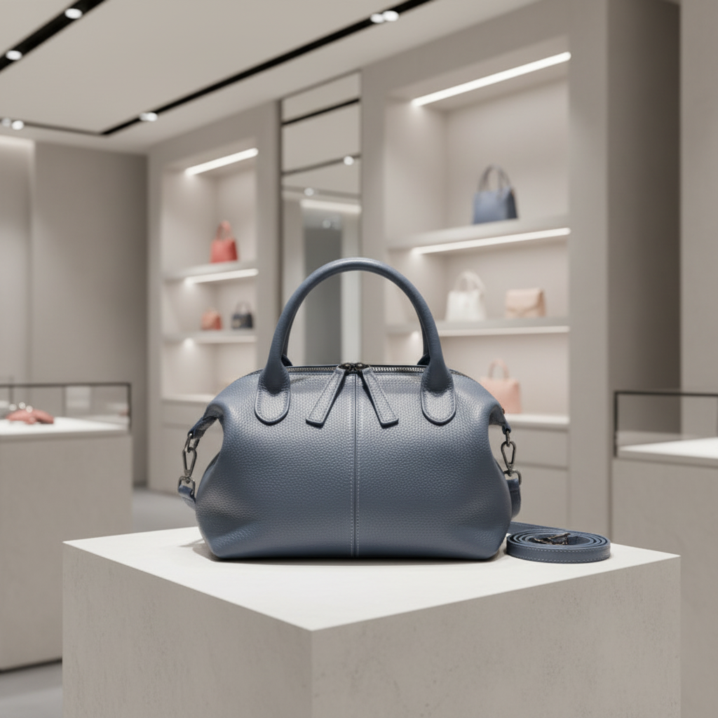 Women's Luxury Pebbled Genuine Leather Boston Bag — Dual Handles, Crossbody Strap