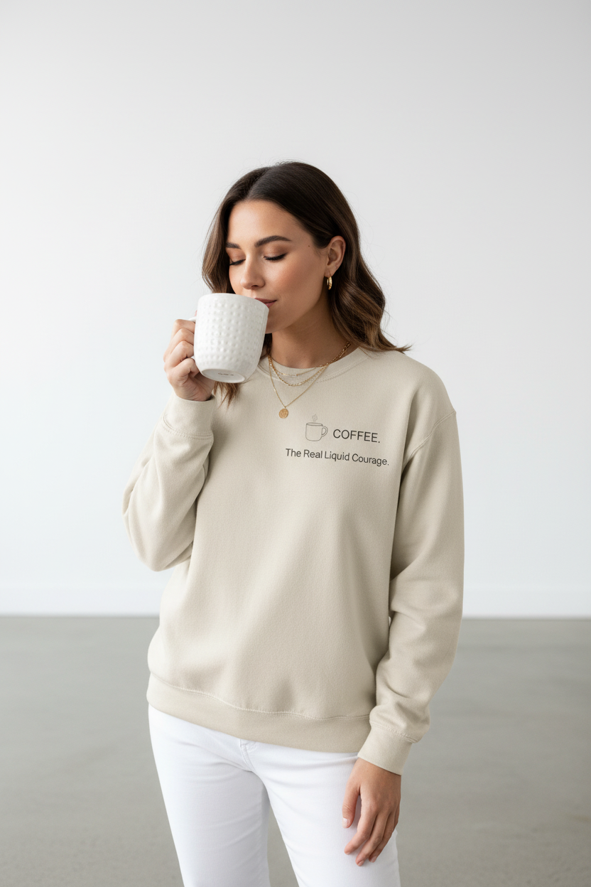 Coffee Crewneck Sweatshirt — “Coffee: The Real Liquid Courage” Minimal Sweatshirt